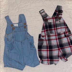 Plaid and Denim Overalls Set